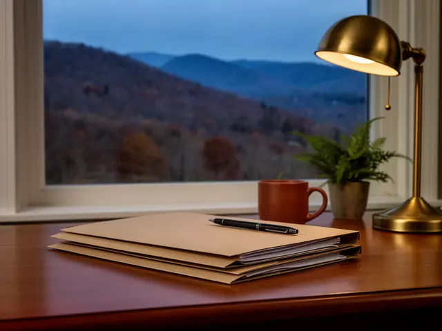 A neat stack of closed manila folders and a pen on a desk by a window.