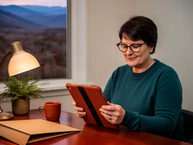 A woman with short dark hair and tortoiseshell glasses reviewing a tablet at a desk in a small back office.