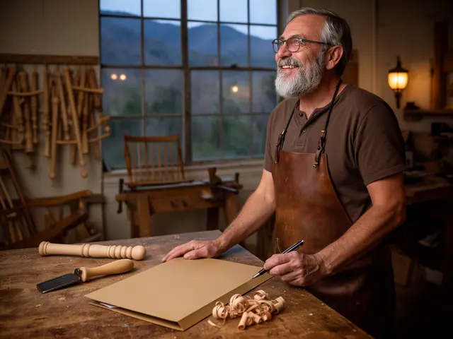 A Windsor-chair maker at his workbench with a turned spindle, a spokeshave and a closed folder.